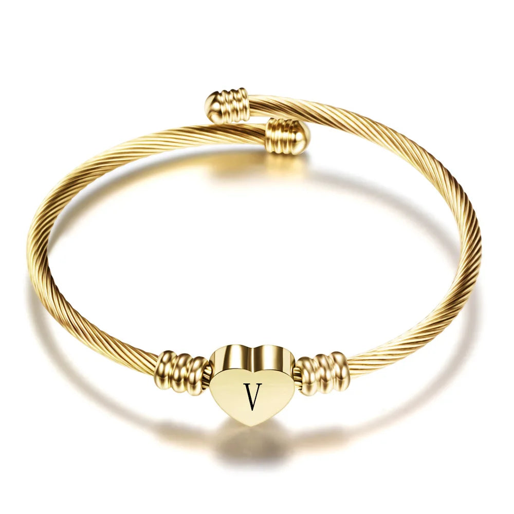 Heart bracelet with initial gold v