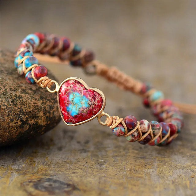 Natural Stone Red Healing Heart Bracelet