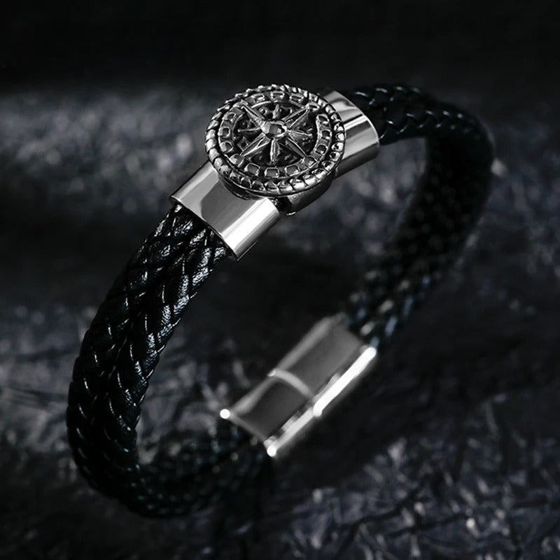 Compass Bracelet for Men Leather Compass Rose of the Winds black