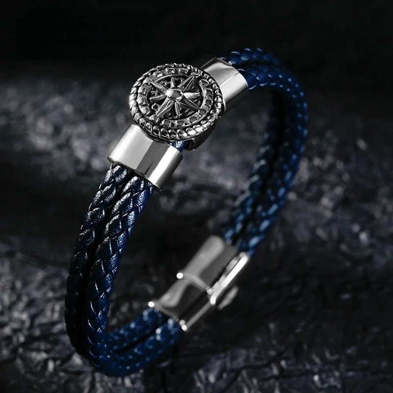Compass Bracelet for Men Leather Compass Rose of the Winds blue