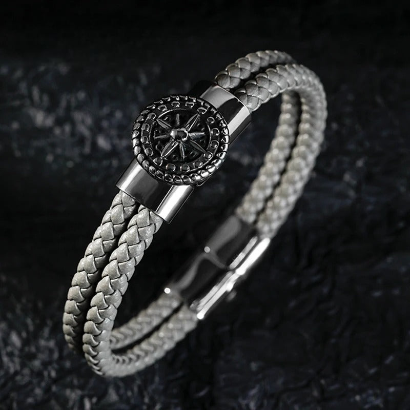 Compass Bracelet for Men Leather Compass Rose of the Winds gray