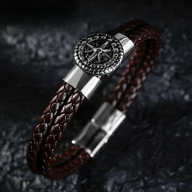 Compass Bracelet for Men Leather Compass Rose of the Winds brown