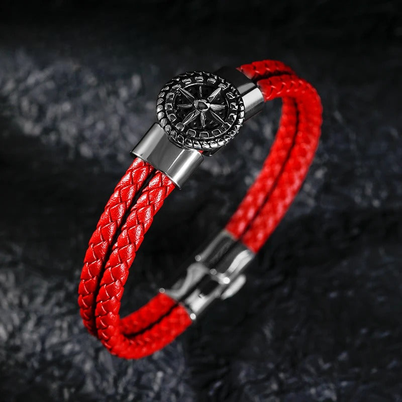 Compass Bracelet for Men Leather Compass Rose of the Winds red