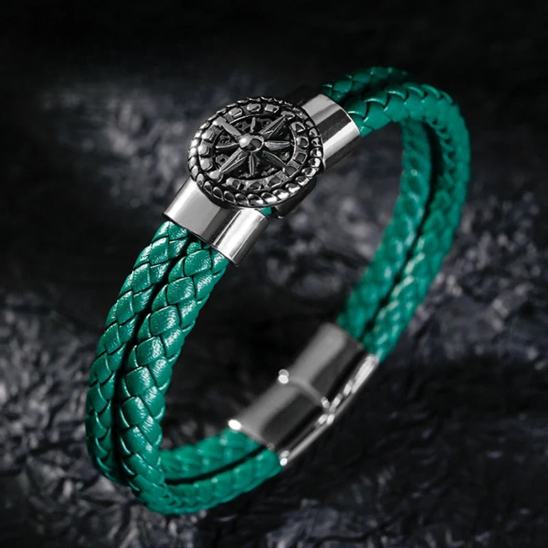 Compass Bracelet for Men Leather Compass Rose of the Winds green