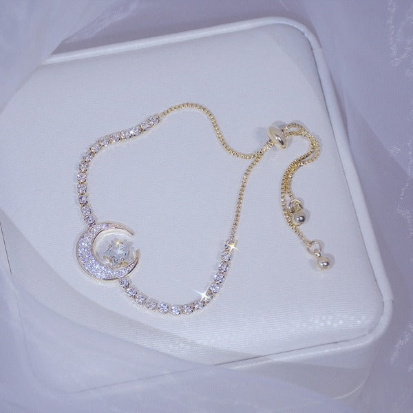 Women's Crescent Moon Bracelet with Cubic Zirconia Chain
