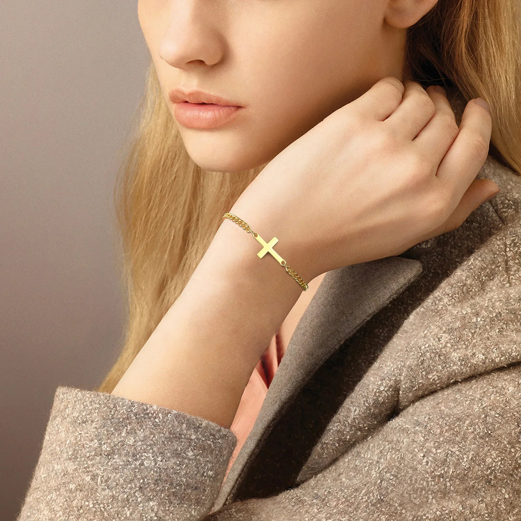 Cross Bracelet Curb Chain For Men Or Women Gold