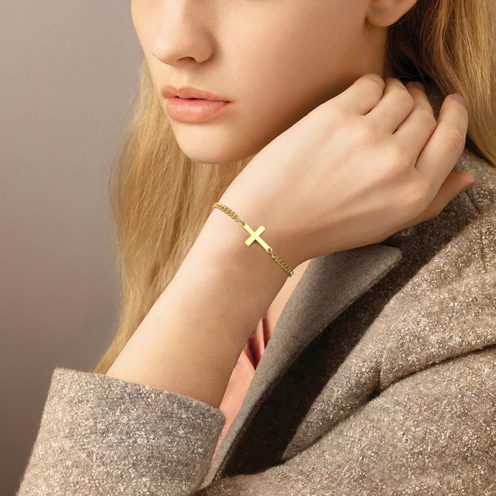 Cross Bracelet Curb Chain For Men Or Women Gold