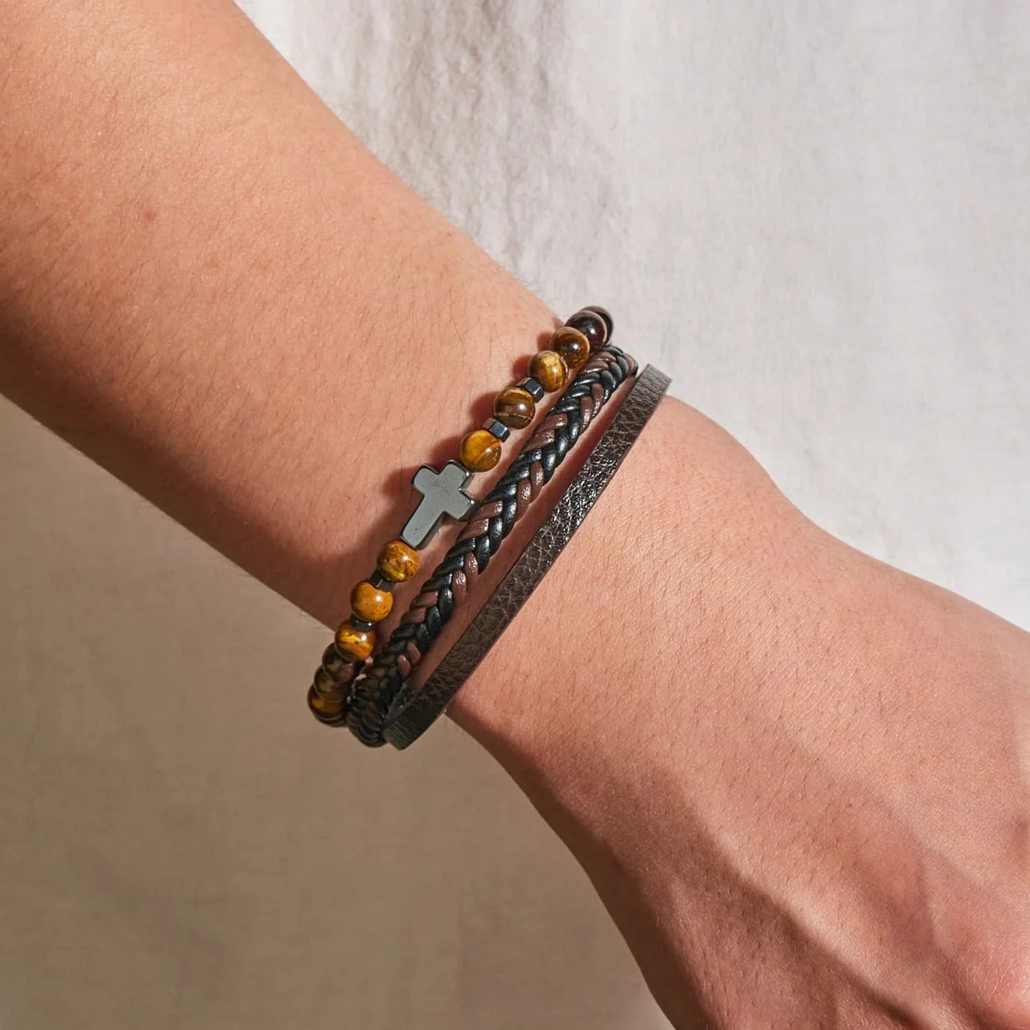 Cross Rosary Bracelet with Natural Stones and Leather