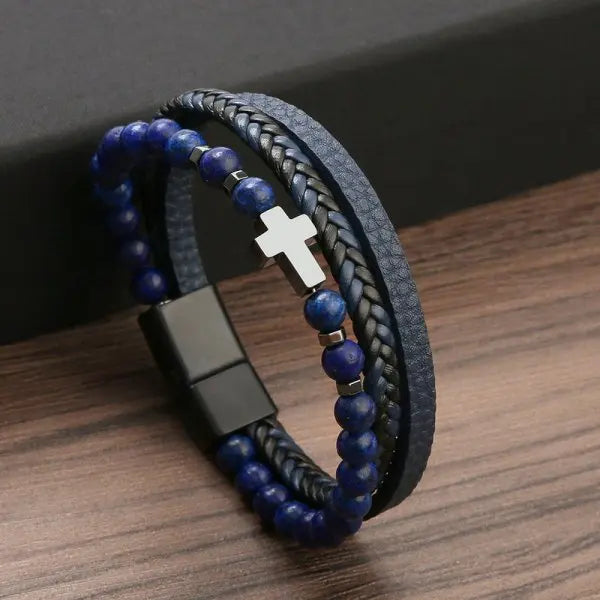 Cross Rosary Bracelet with Natural Stones and Leather