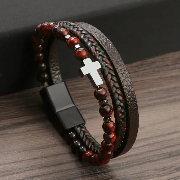 Cross Rosary Bracelet with Natural Stones and Leather