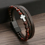 Cross Rosary Bracelet with Natural Stones and Leather