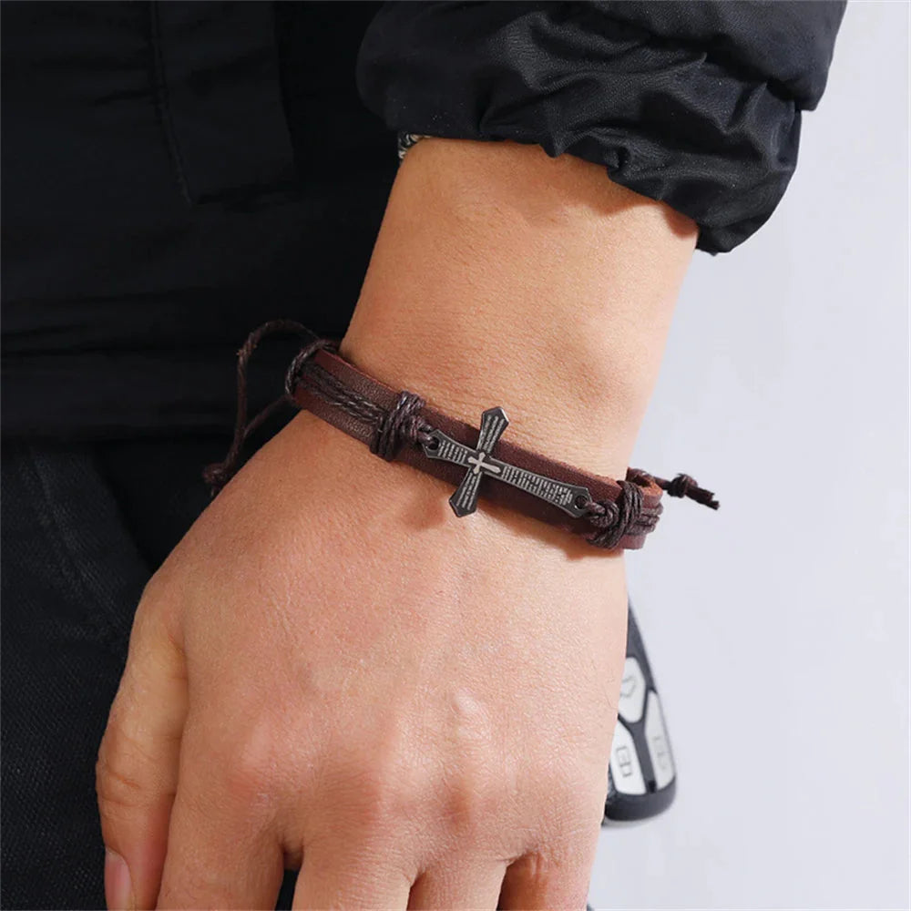 Brown Leather Cross Bracelet for Men