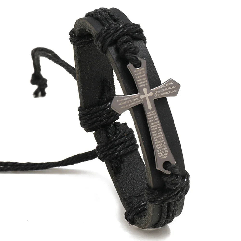 Black Leather Cross Bracelet for Men