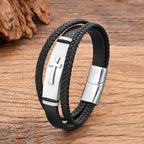 Black Leather Cross Leather Bracelet style b white