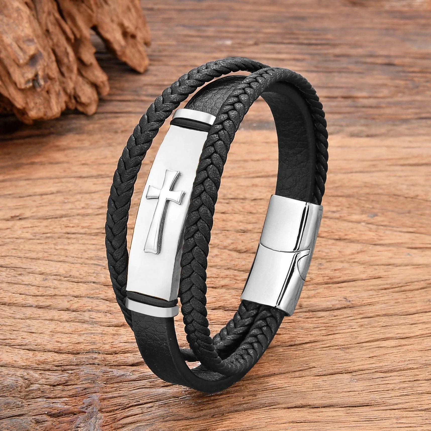 Black Leather Cross Leather Bracelet style b white