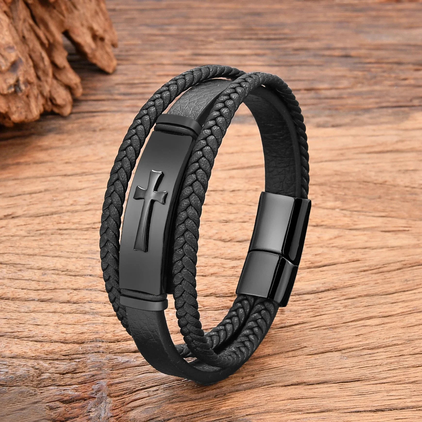 Black Leather Cross Leather Bracelet style a black 