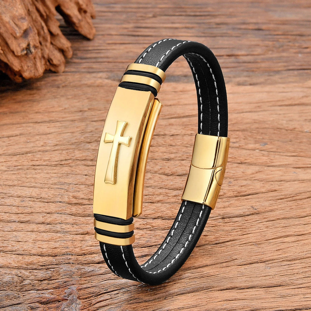 Black Leather Cross Leather Bracelet style a gold