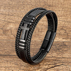 Black Leather Cross And Braided Bracelet