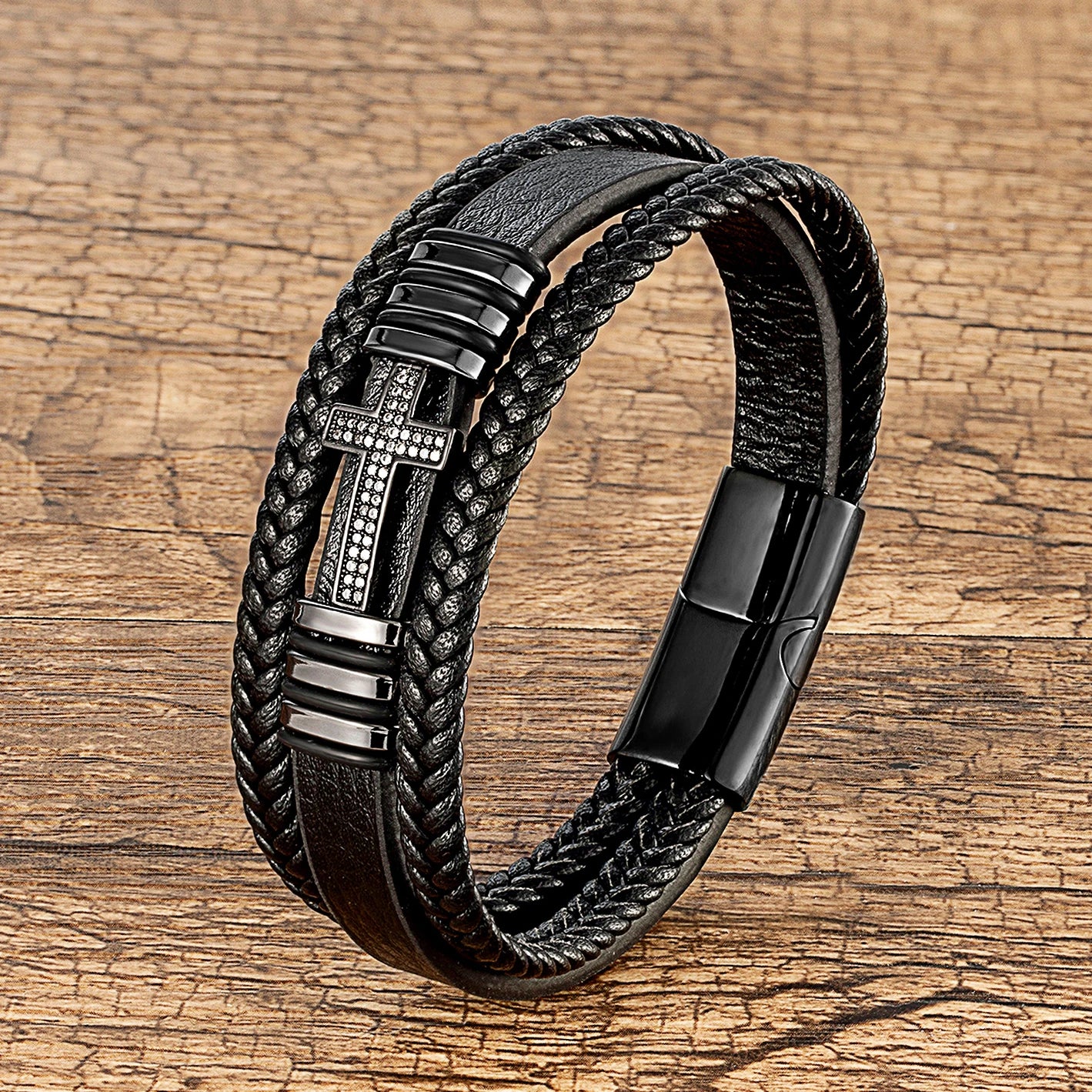 Black Leather Cross And Braided Bracelet