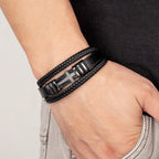 Black Leather Cross And Braided Bracelet