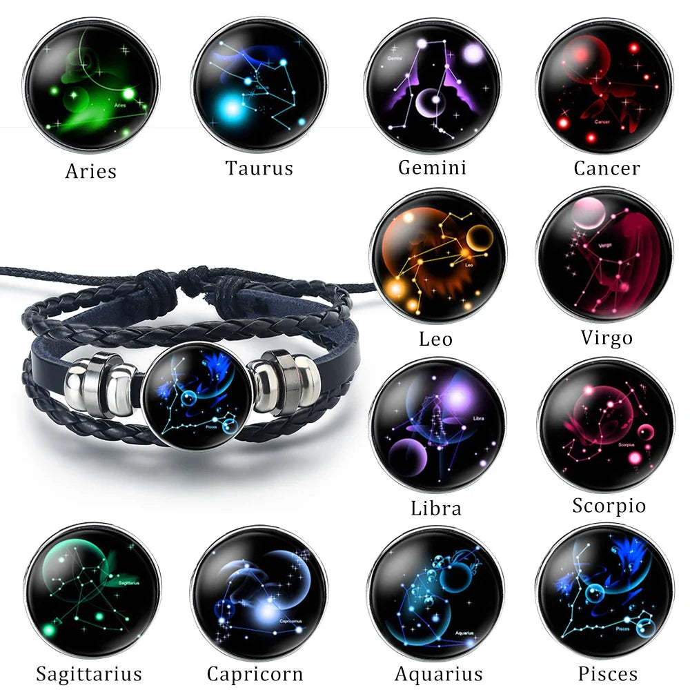 12 Constellation Zodiac Sign Leather Bracelet