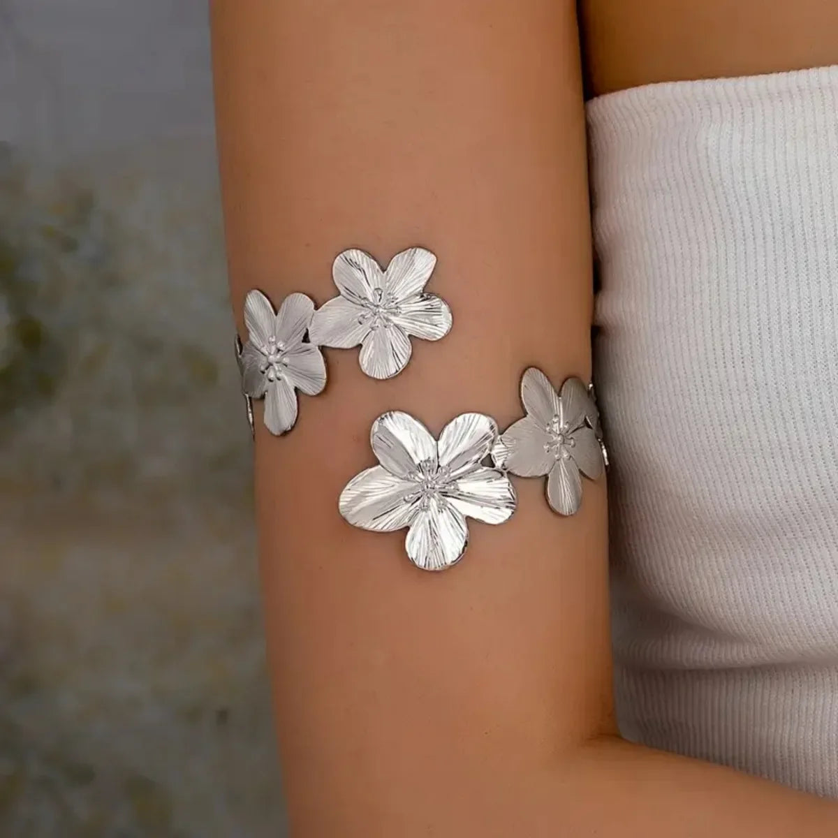Women's arm bracelet - silver flower petal biceps chain
