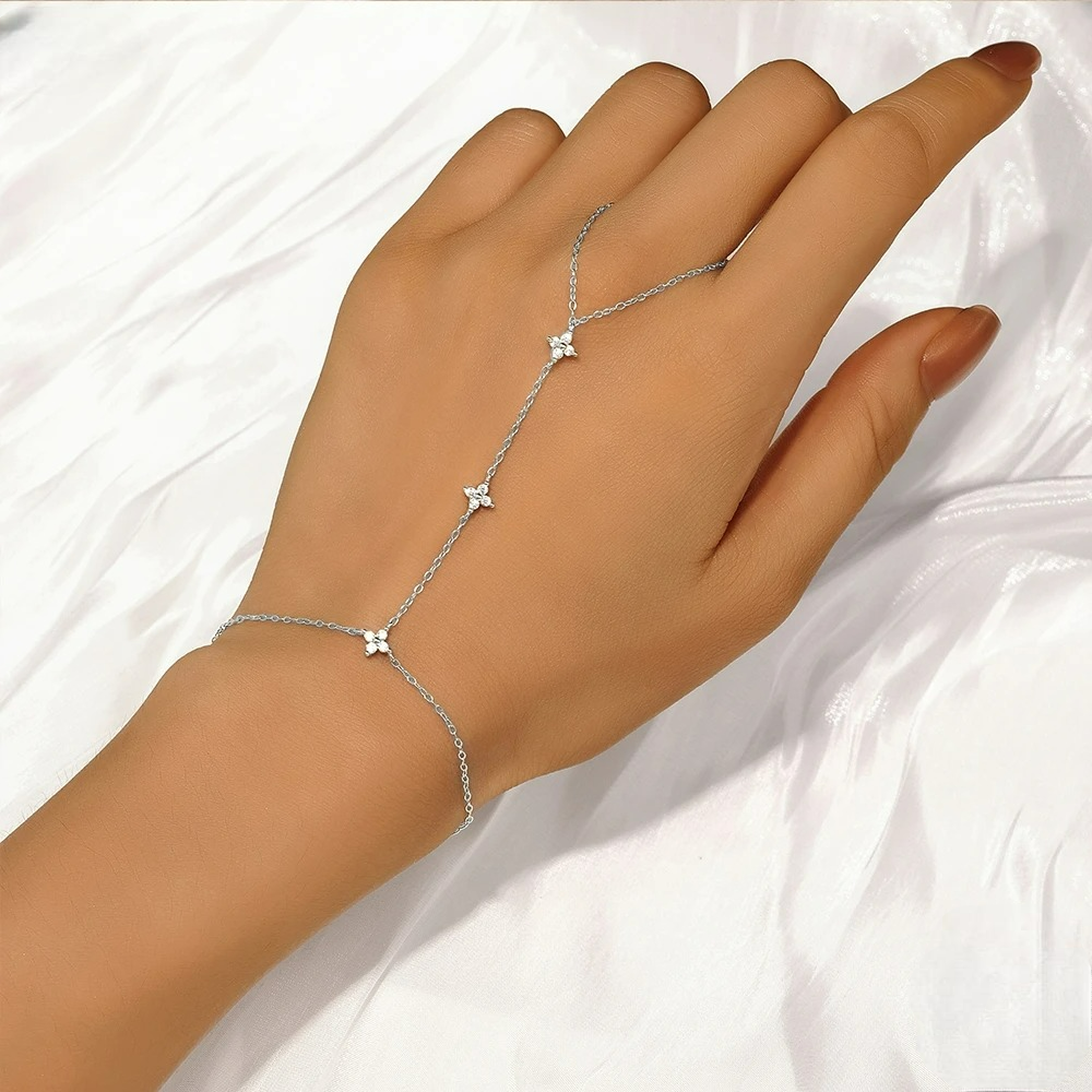 Silver Zircon Flower Hand Chain Bracelet