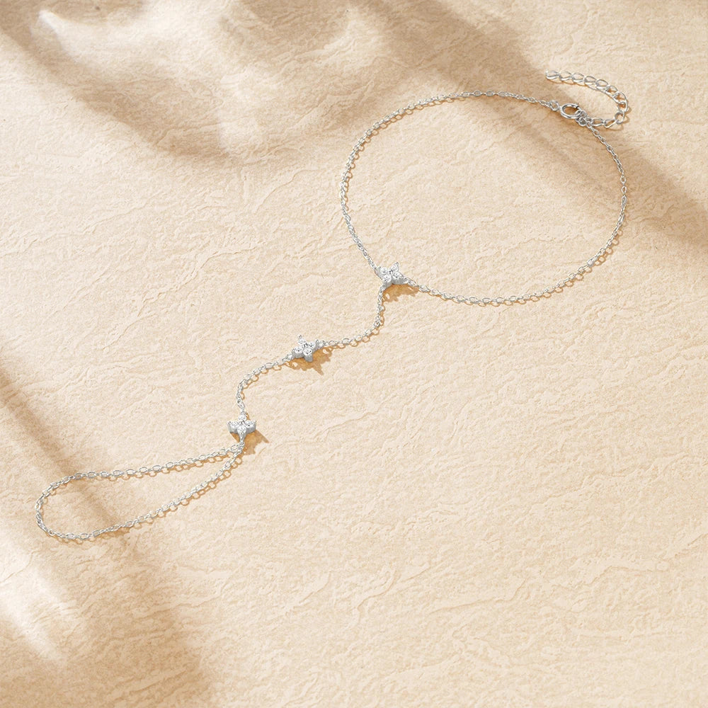 Silver Zircon Flower Hand Chain Bracelet