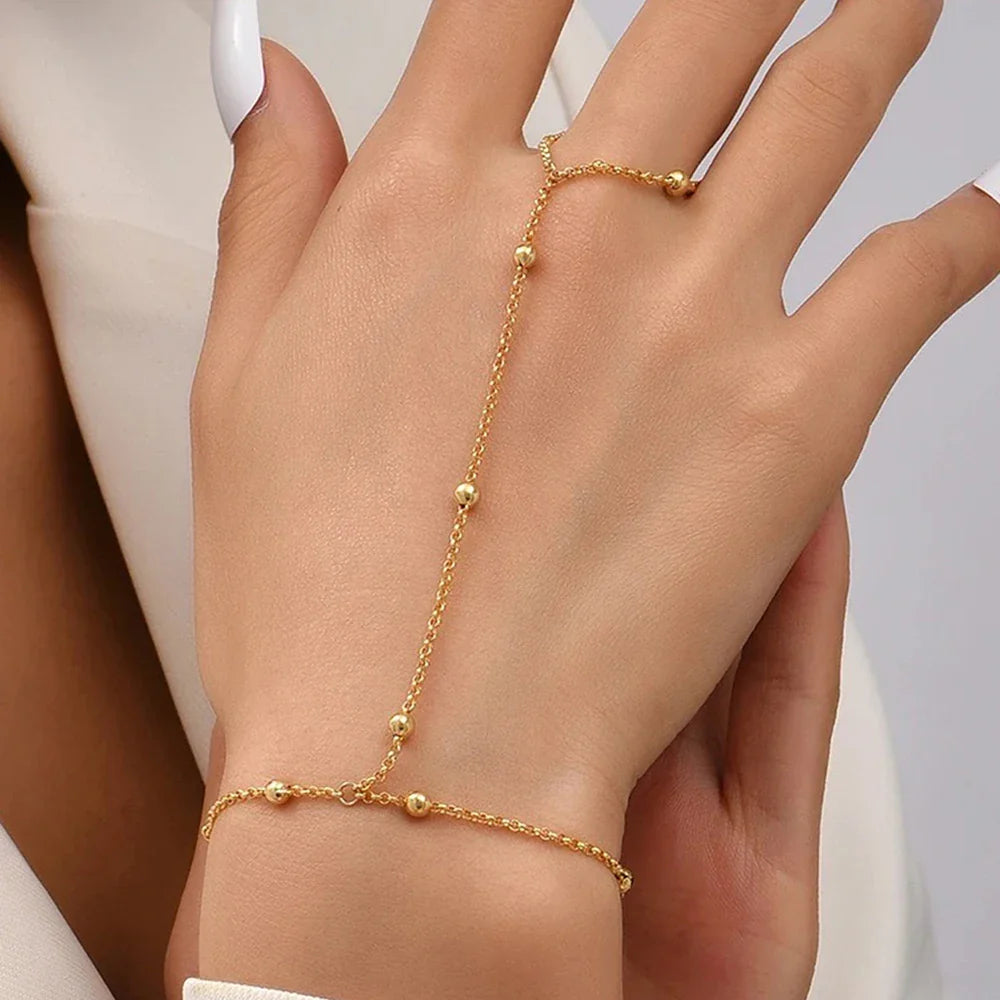 Women’s Beaded Hand Bracelet Jewelry Hand & Finger Chain gold