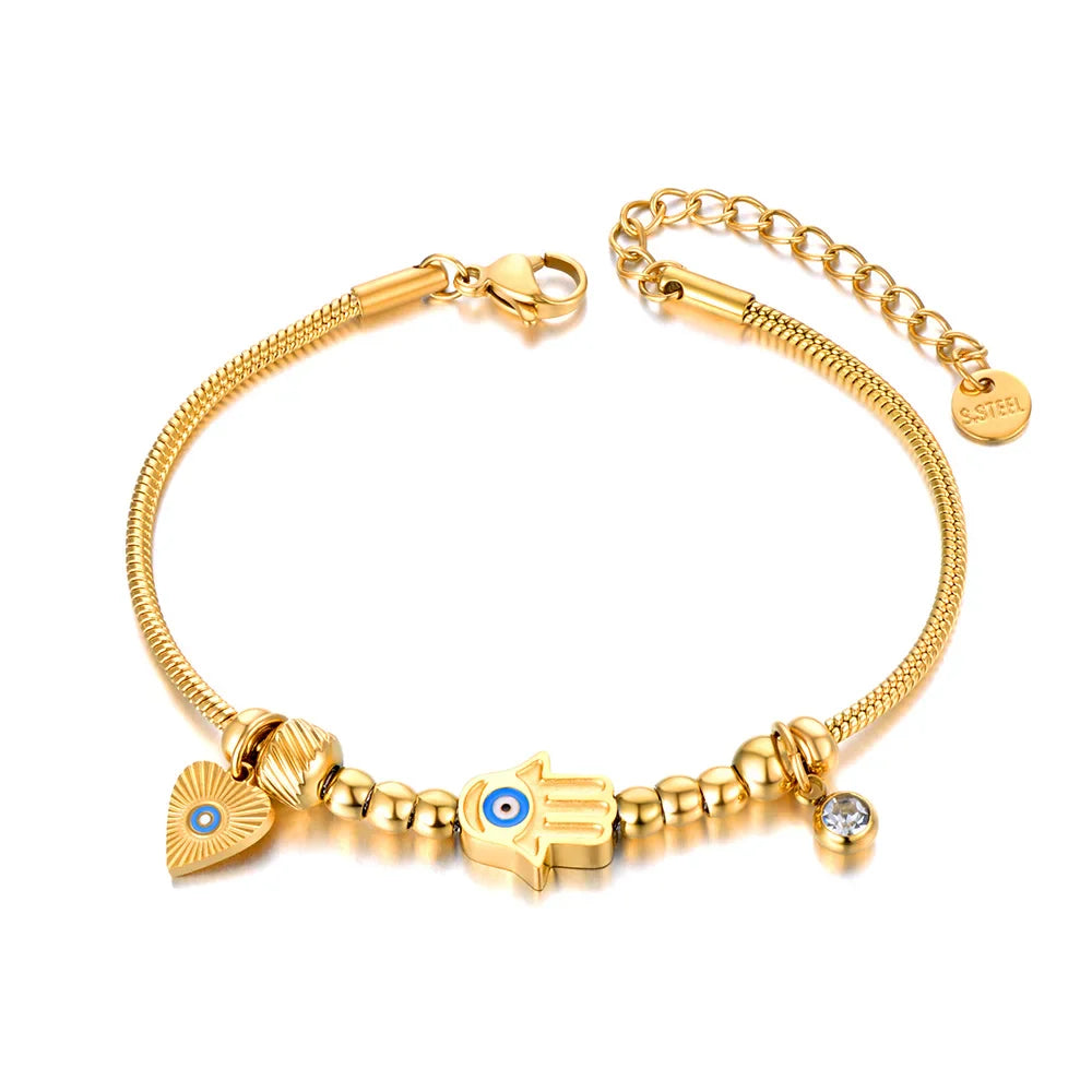 Protection Bracelet with Hamsa Hand and Blue Eye Gold