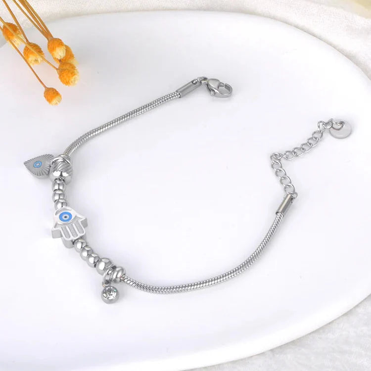 Protection Bracelet with Hamsa Hand and Blue Eye Silver