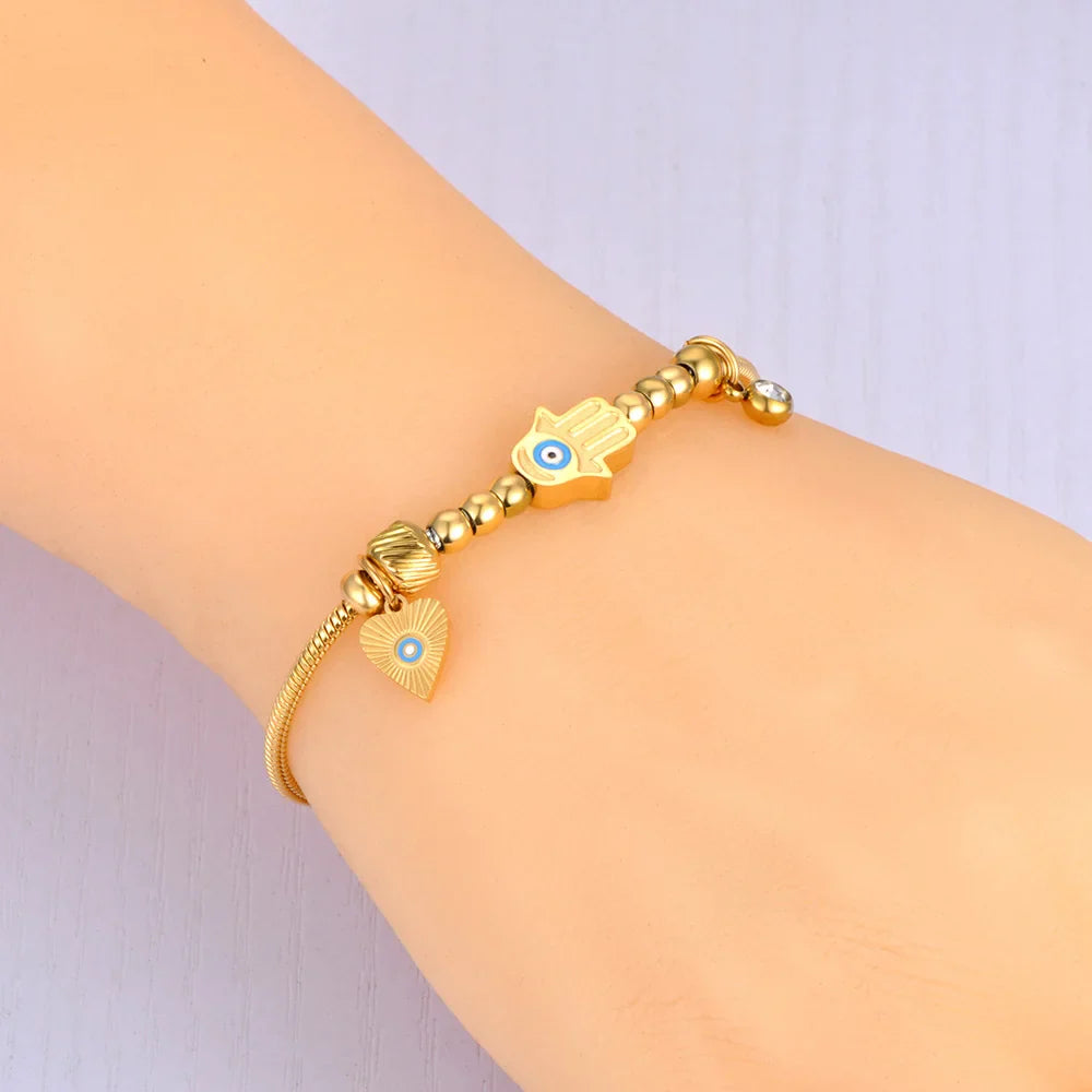 Protection Bracelet with Hamsa Hand and Blue Eye Gold