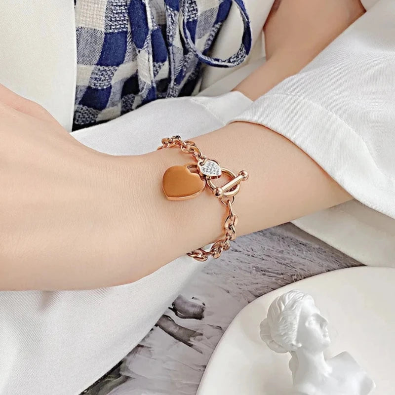 Double Heart Women's Chain Bracelet Rose Gold