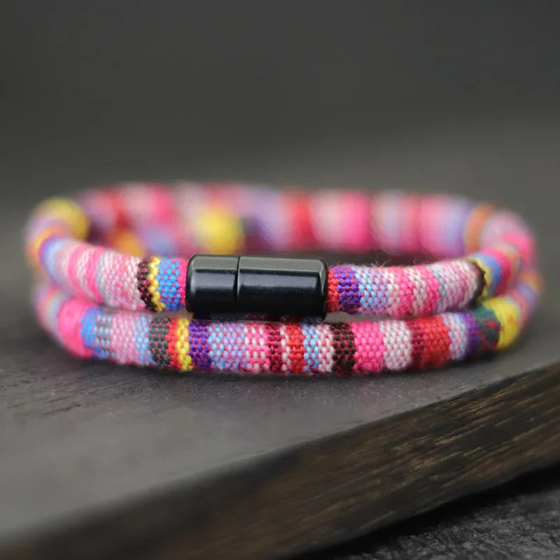 Multicolor Ethnic Double Braided Bracelet pink