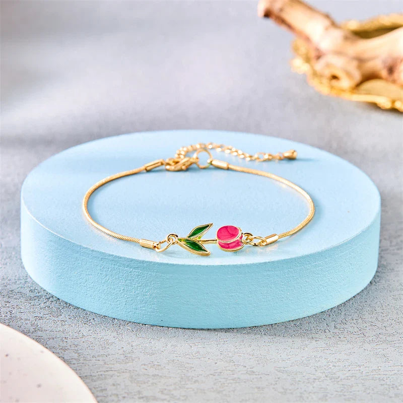 Elegant Red Tulip Flower Bracelet