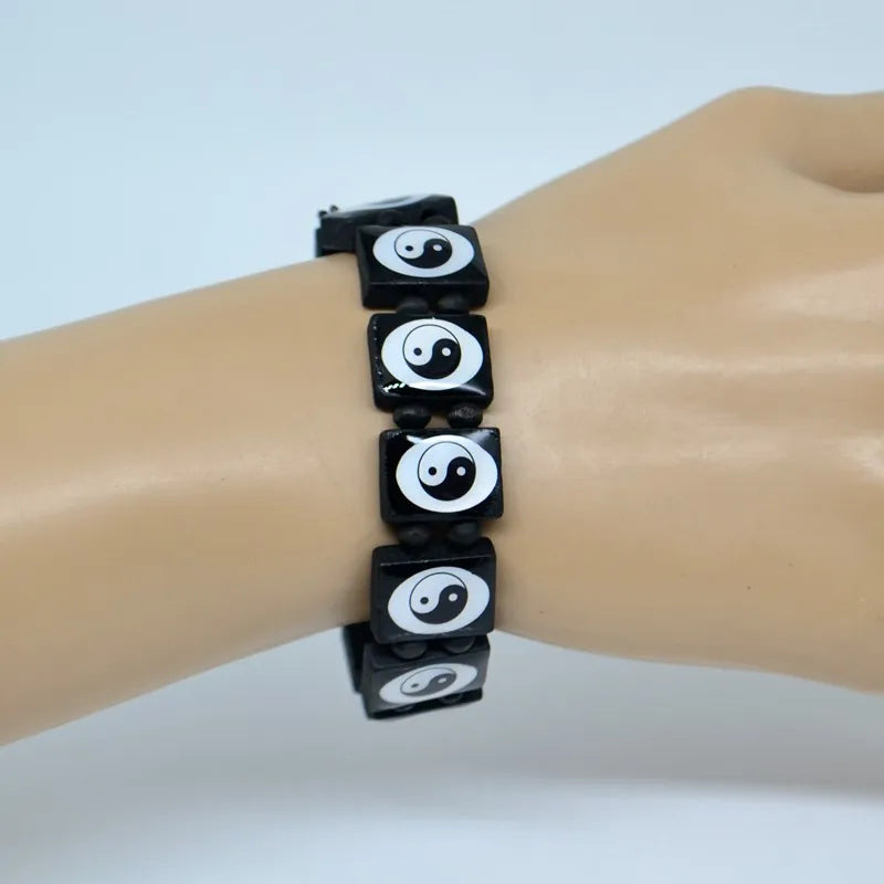 Black and White Yin Yang Wooden Bracelet