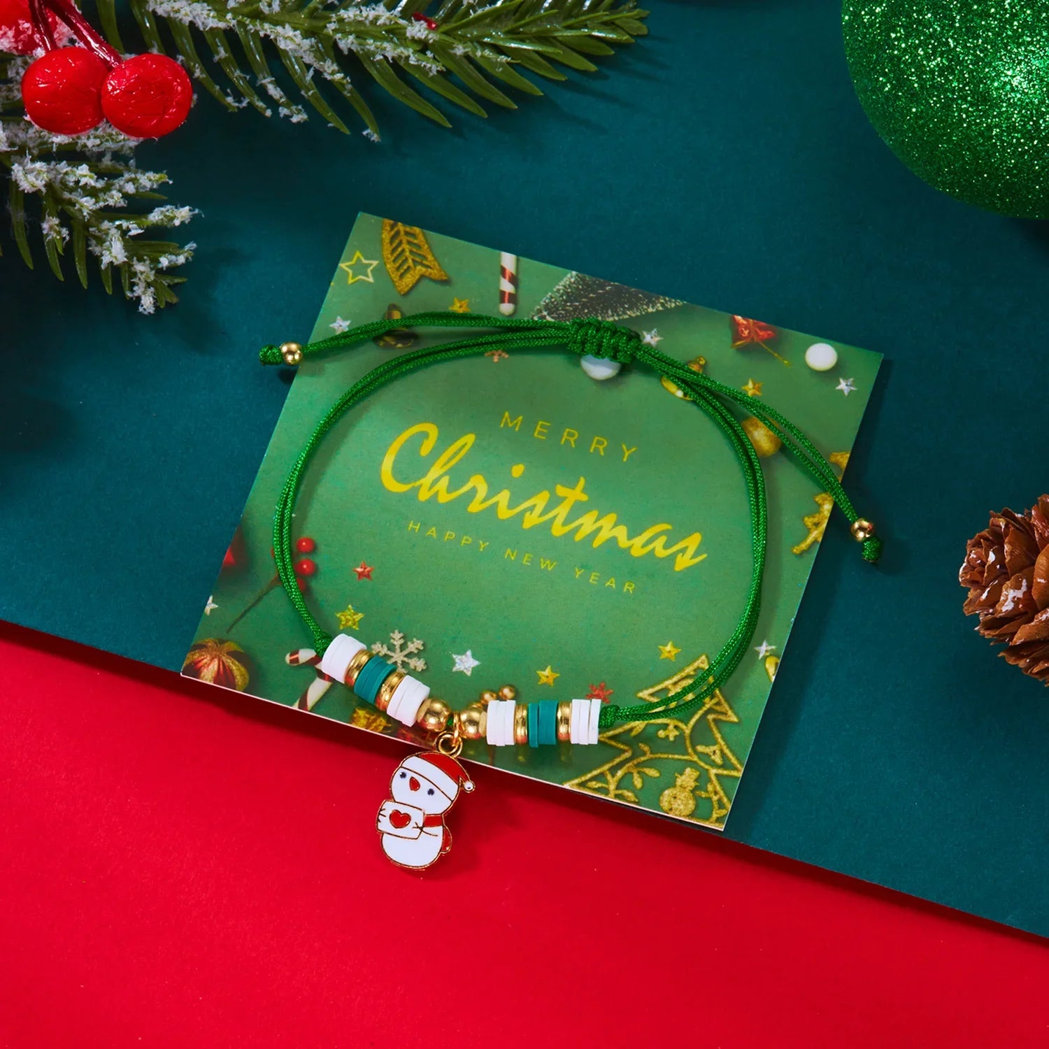 Rope Bracelet with Green Snowman Christmas Pendant