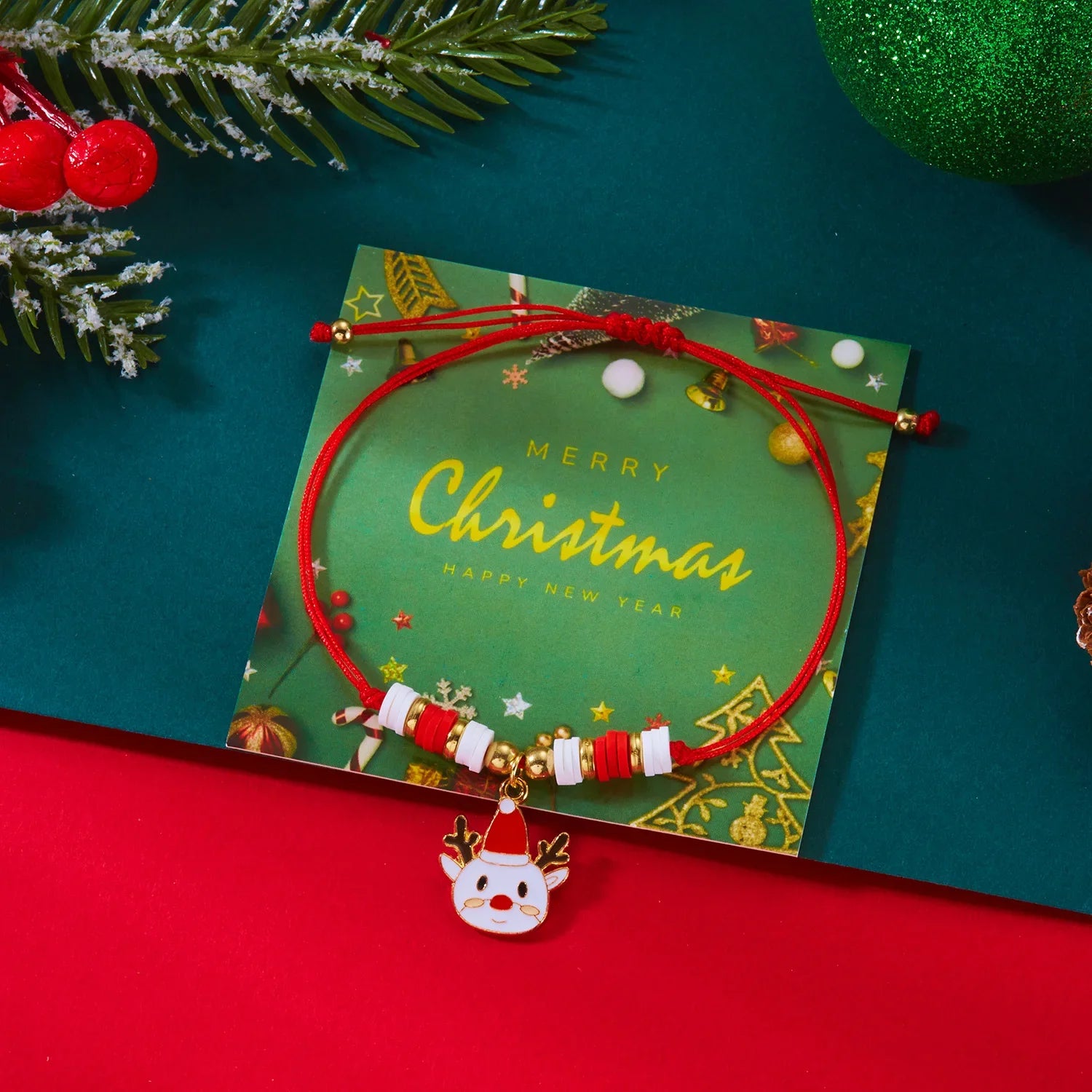 Rope Bracelet with Red Reindeer Christmas Pendant