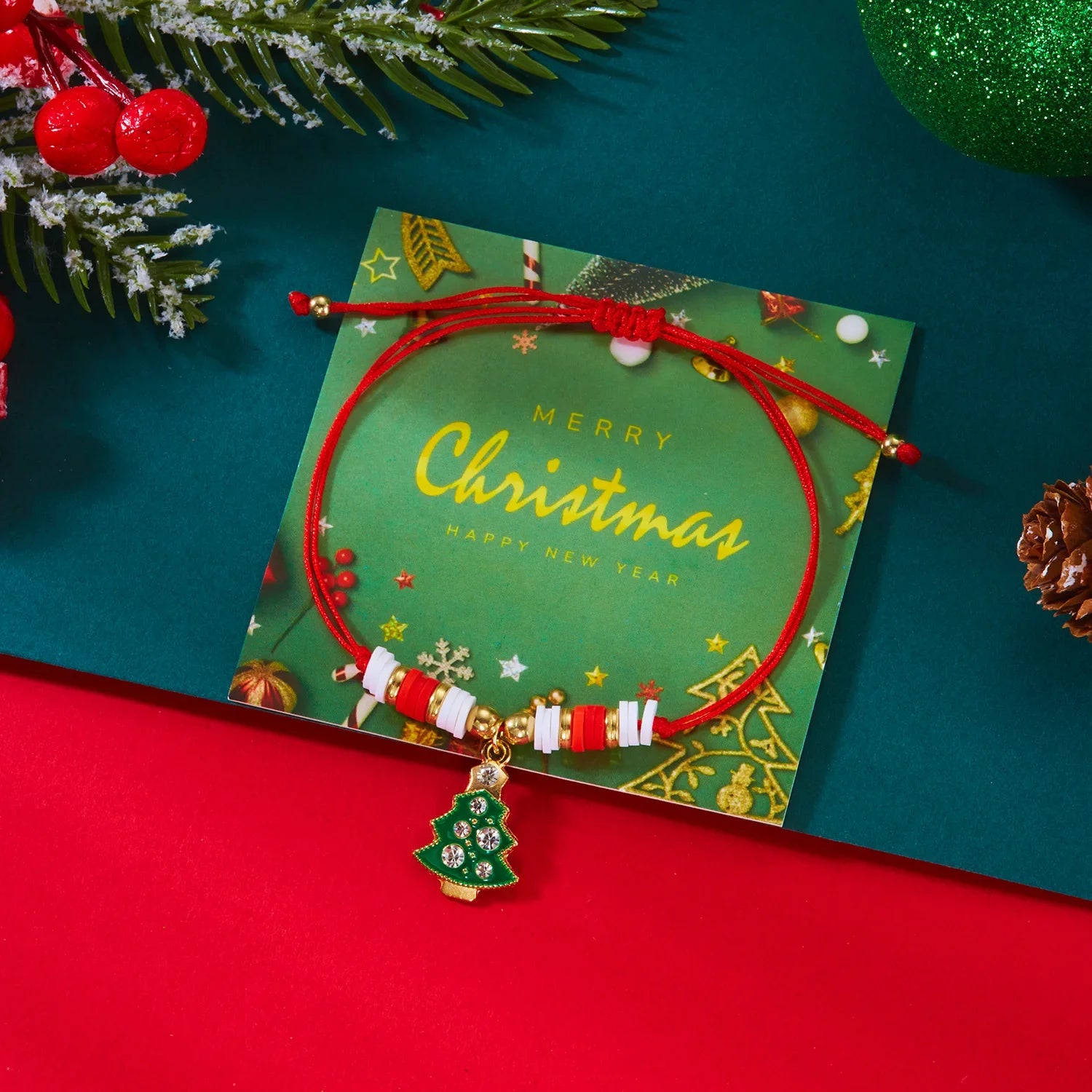 Rope Bracelet with Red Christmas Tree and Baubles Pendant