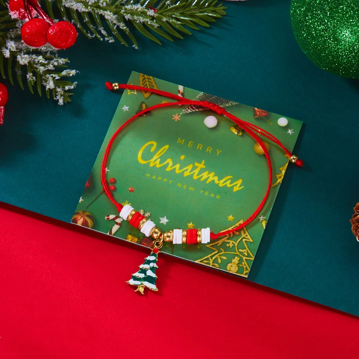 Rope Bracelet with Red Christmas Tree Pendant