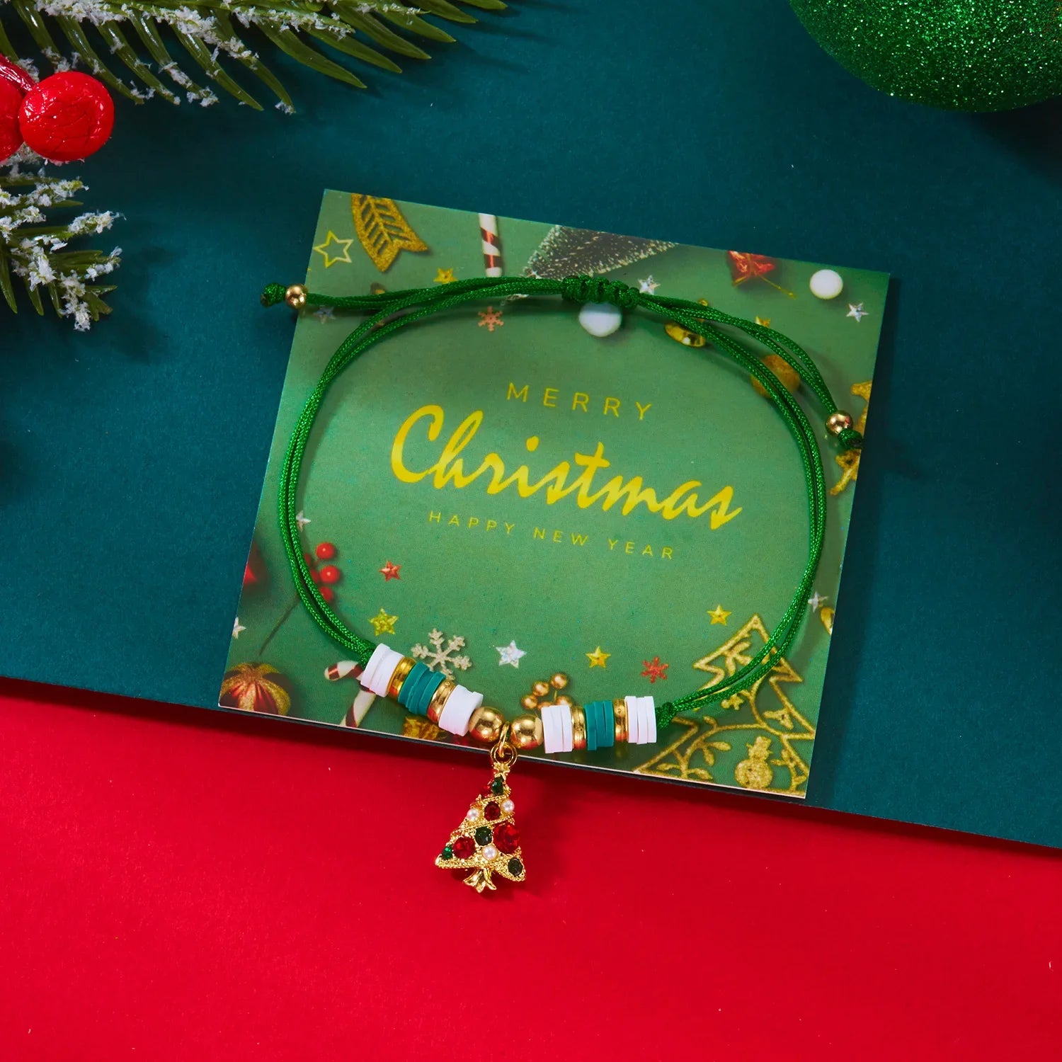 Rope Bracelet with Green Christmas Tree Pendant