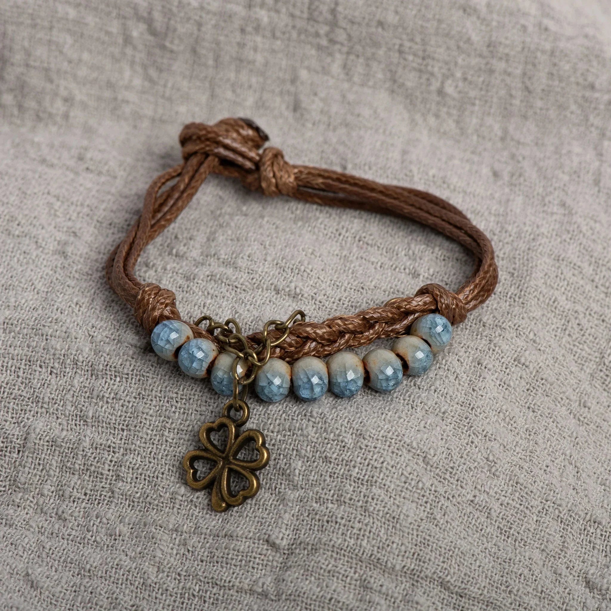 Rope Bracelet with Four-Leaf Clover and Blue Beads