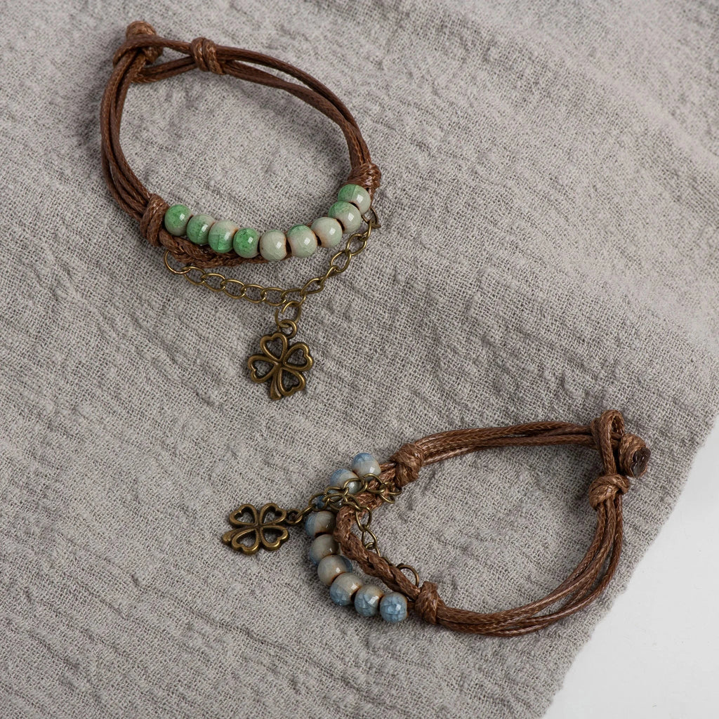 Rope Bracelet with Four-Leaf Clover and Green Beads