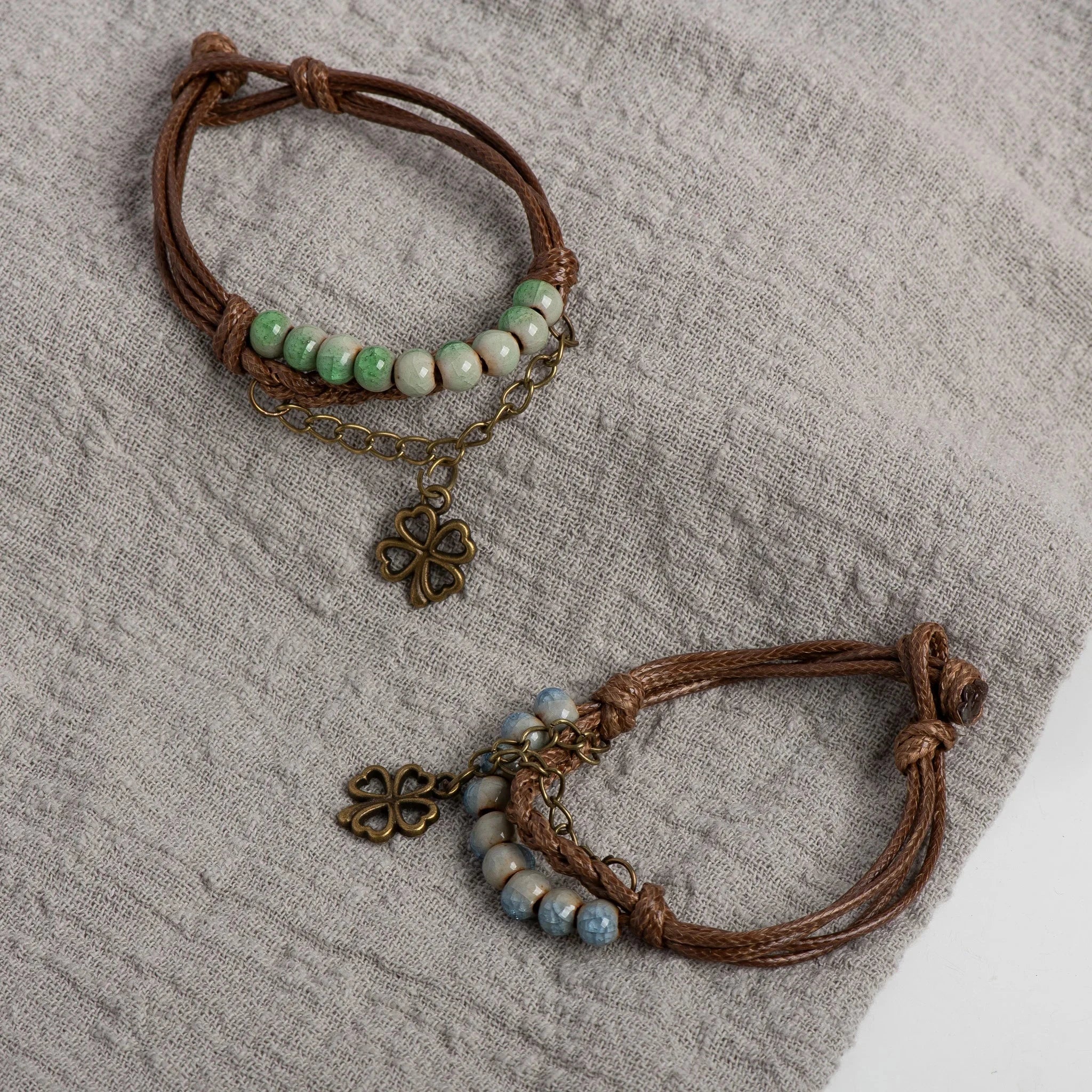 Rope Bracelet with Four-Leaf Clover and Green Beads