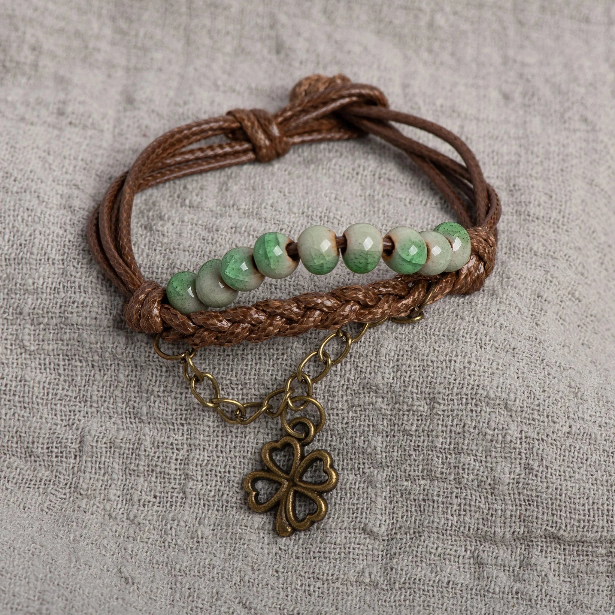 Rope Bracelet with Four-Leaf Clover and Green Beads