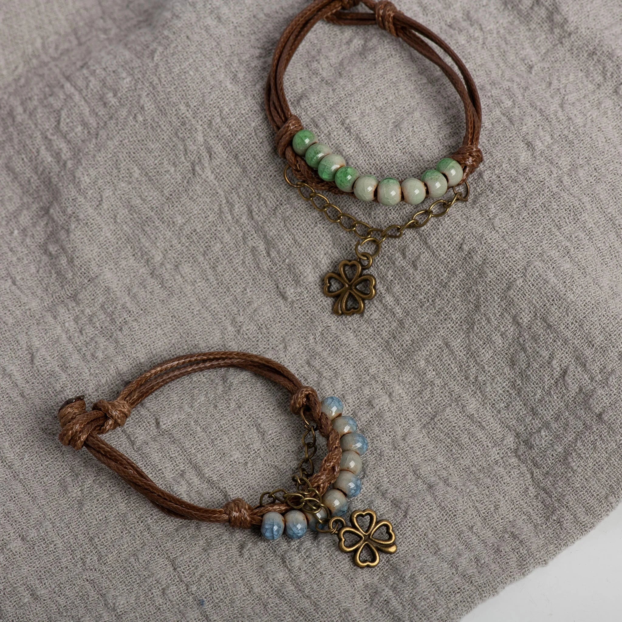 Rope Bracelet with Four-Leaf Clover and Green Beads