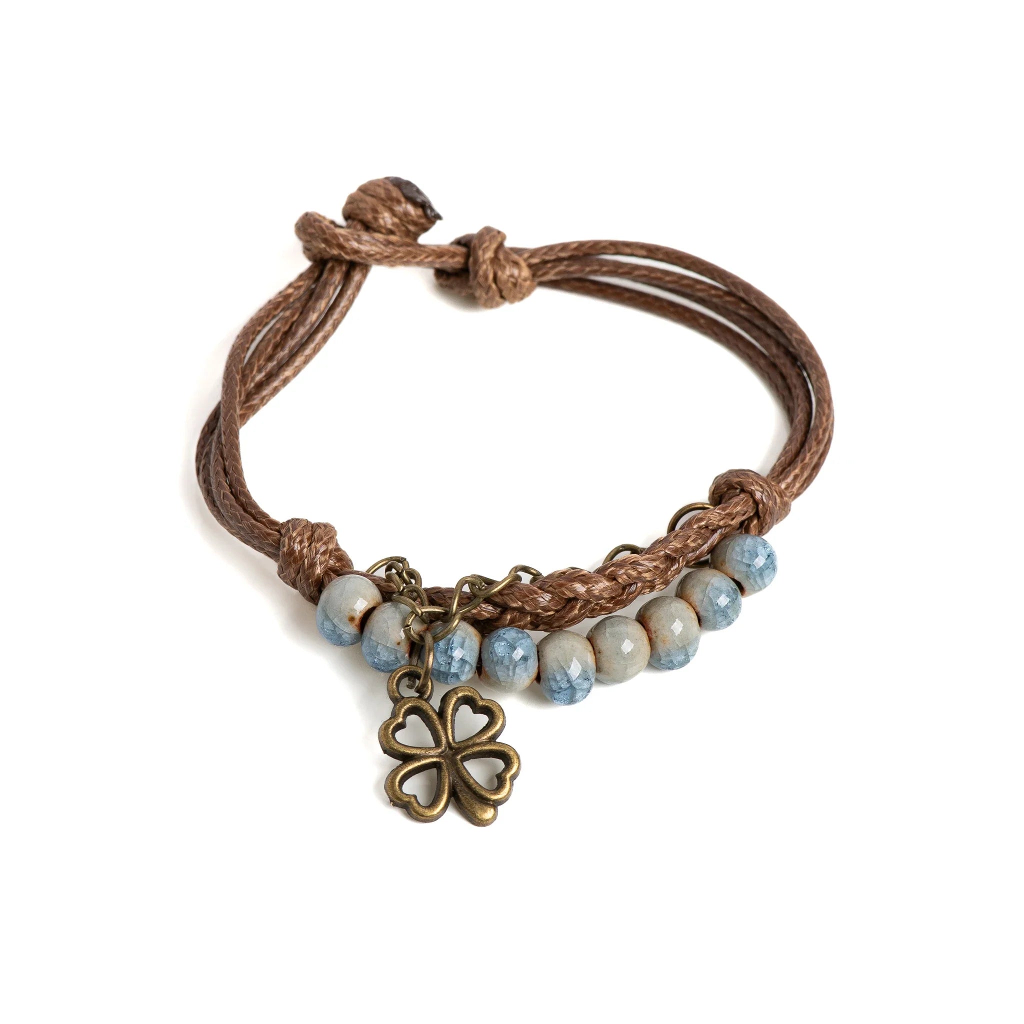 Rope Bracelet with Four-Leaf Clover and Blue Beads