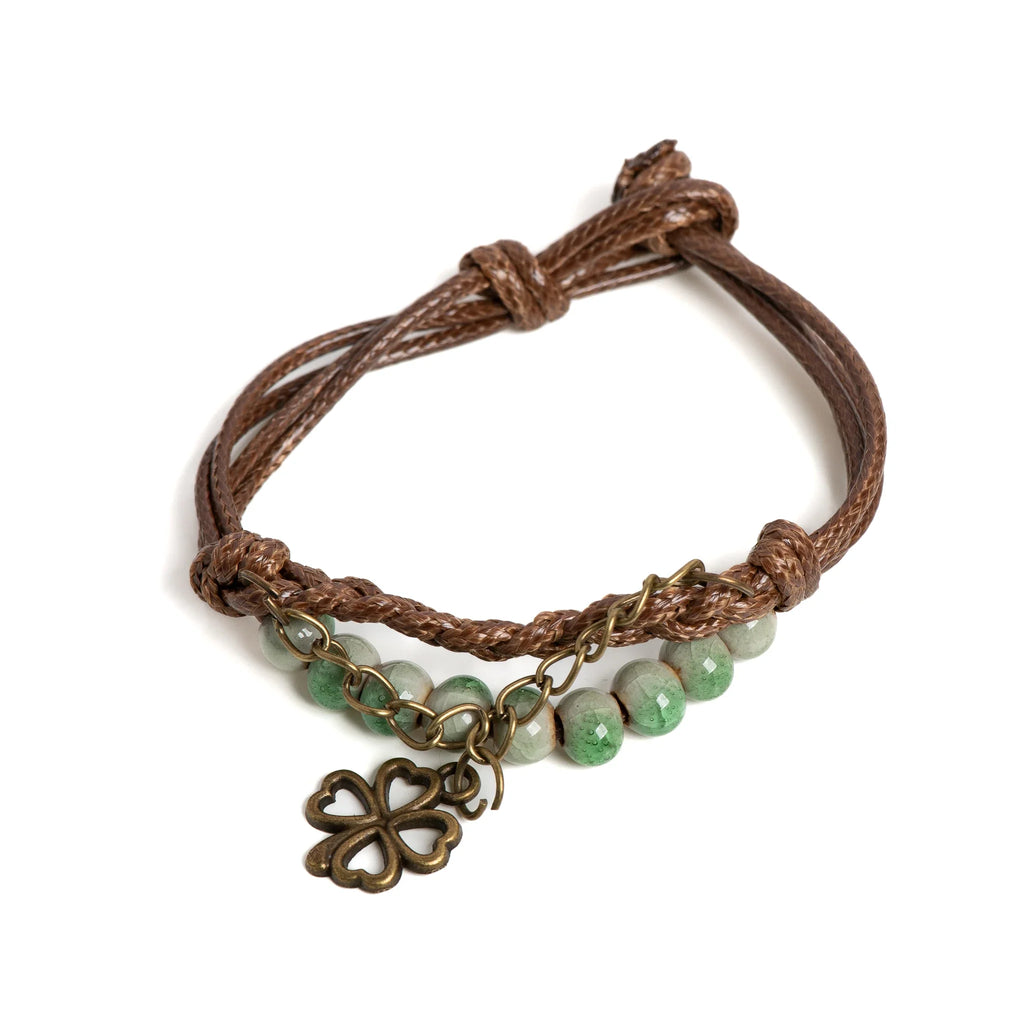Rope Bracelet with Four-Leaf Clover and Green Beads