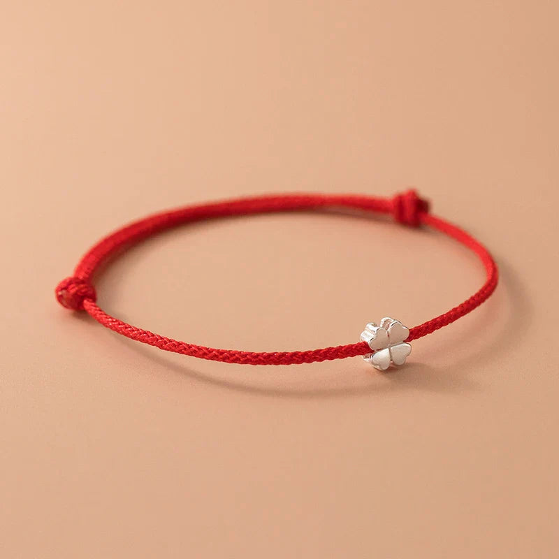 Rope Bracelet with White and Red 4-Leaf Clover