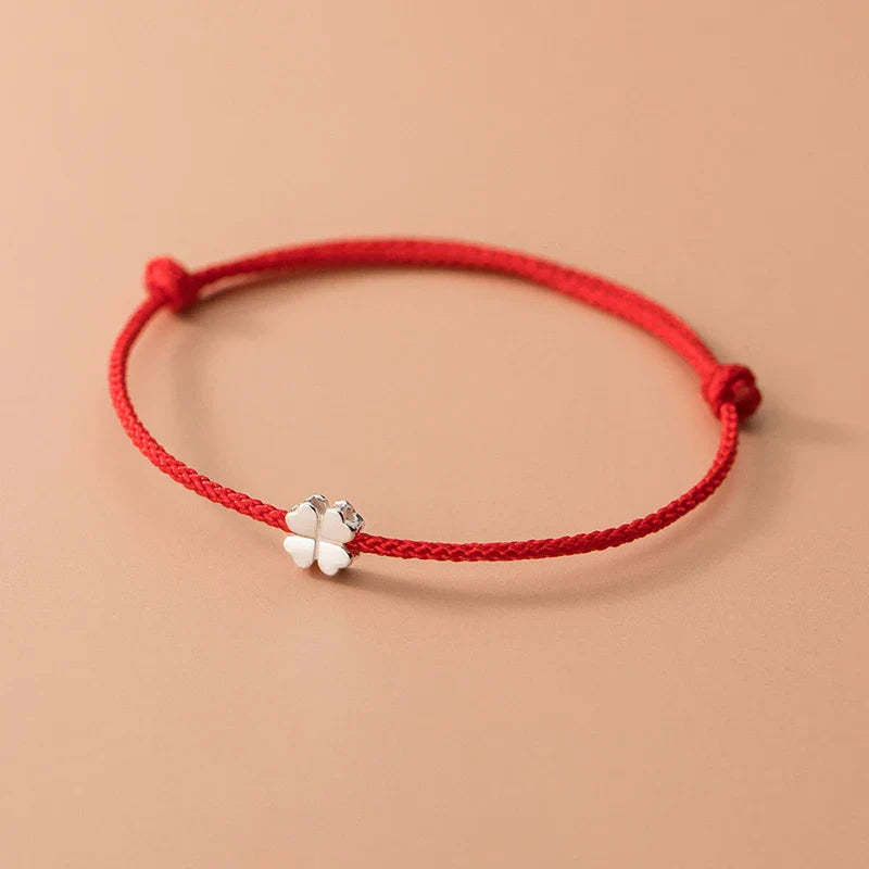 Rope Bracelet with White and Red 4-Leaf Clover